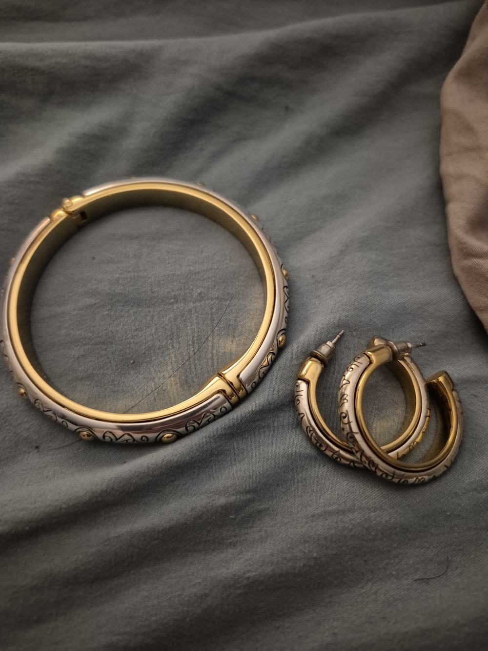 Brighton Two-Tone Gold and Silver Engraved Bracelet with Matching Hoops